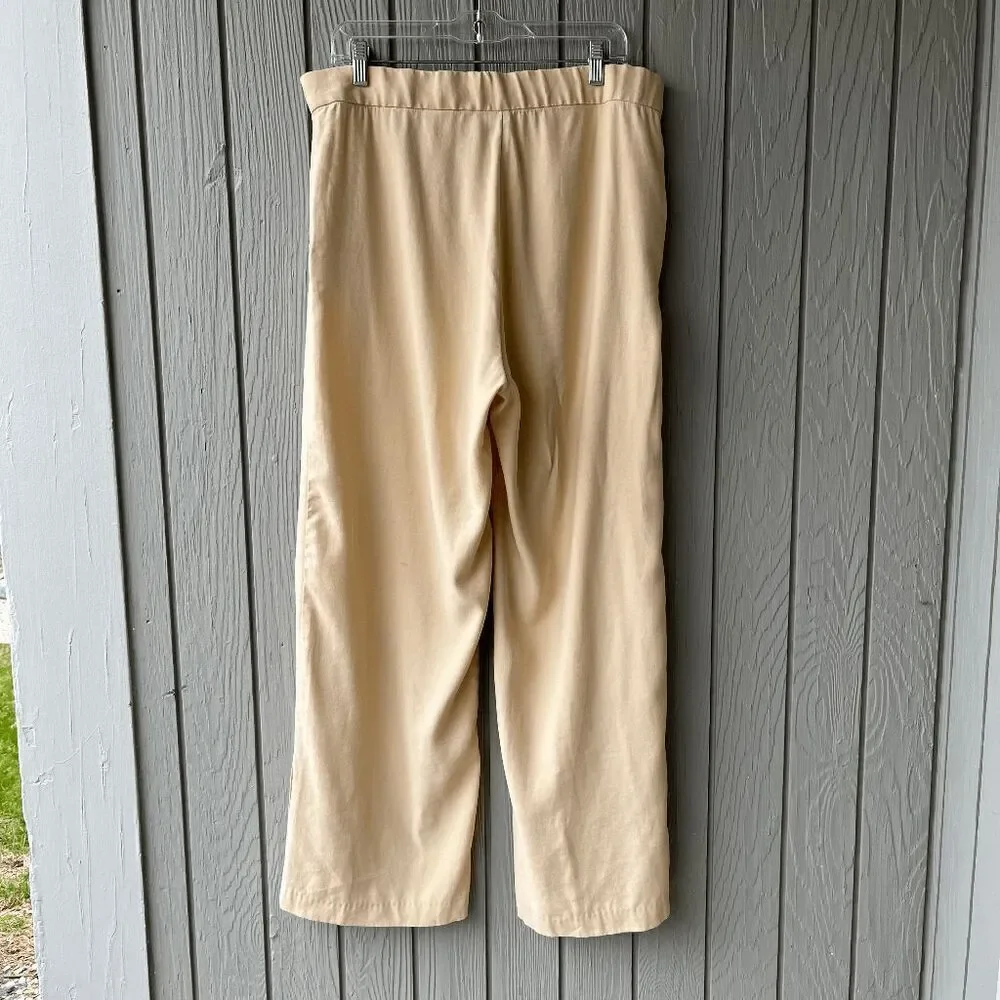 H&M Wide Leg Linen Blend Trousers Beige Size 14 Side Slits Pockets